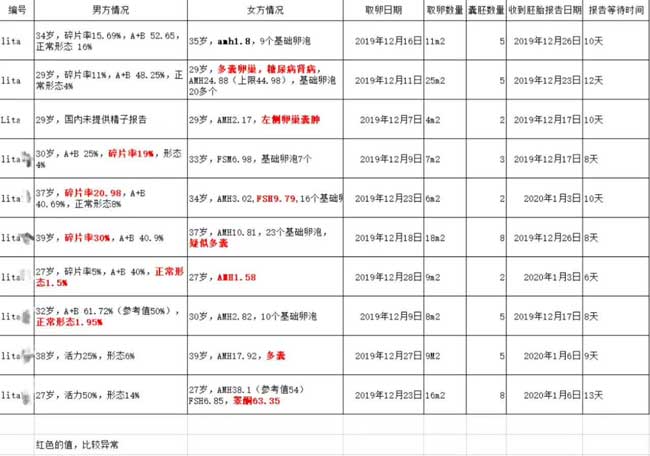 乌克兰丽塔医院前10位自卵试管客户的胚胎统计报告