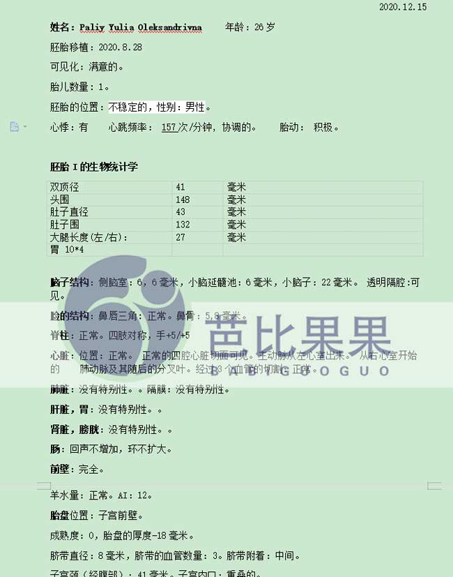 乌克兰试管怀孕18-19周做的B超报告显示是个男孩