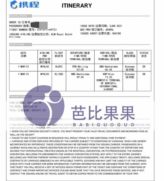 出发到乌克兰做试管的机票